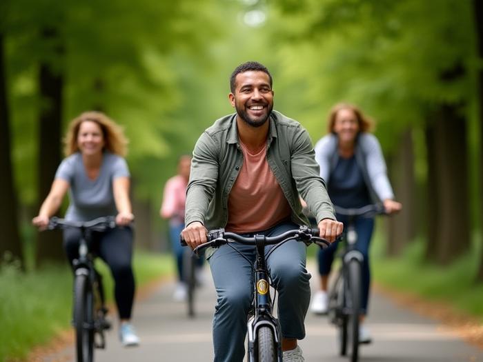 Diverse group of people smiling and riding electric bikes on a paved trail with trees in the background.