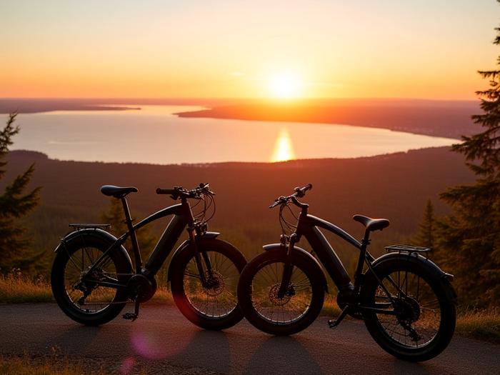 Two electric bikes parked overlooking Lake Superior and Duluth, Minnesota, at sunset.