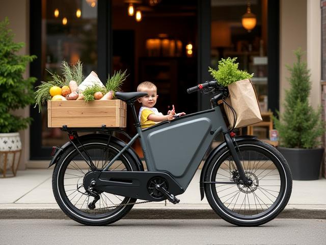 Electric cargo bike loaded with groceries and a child seat, parked outside a local shop.