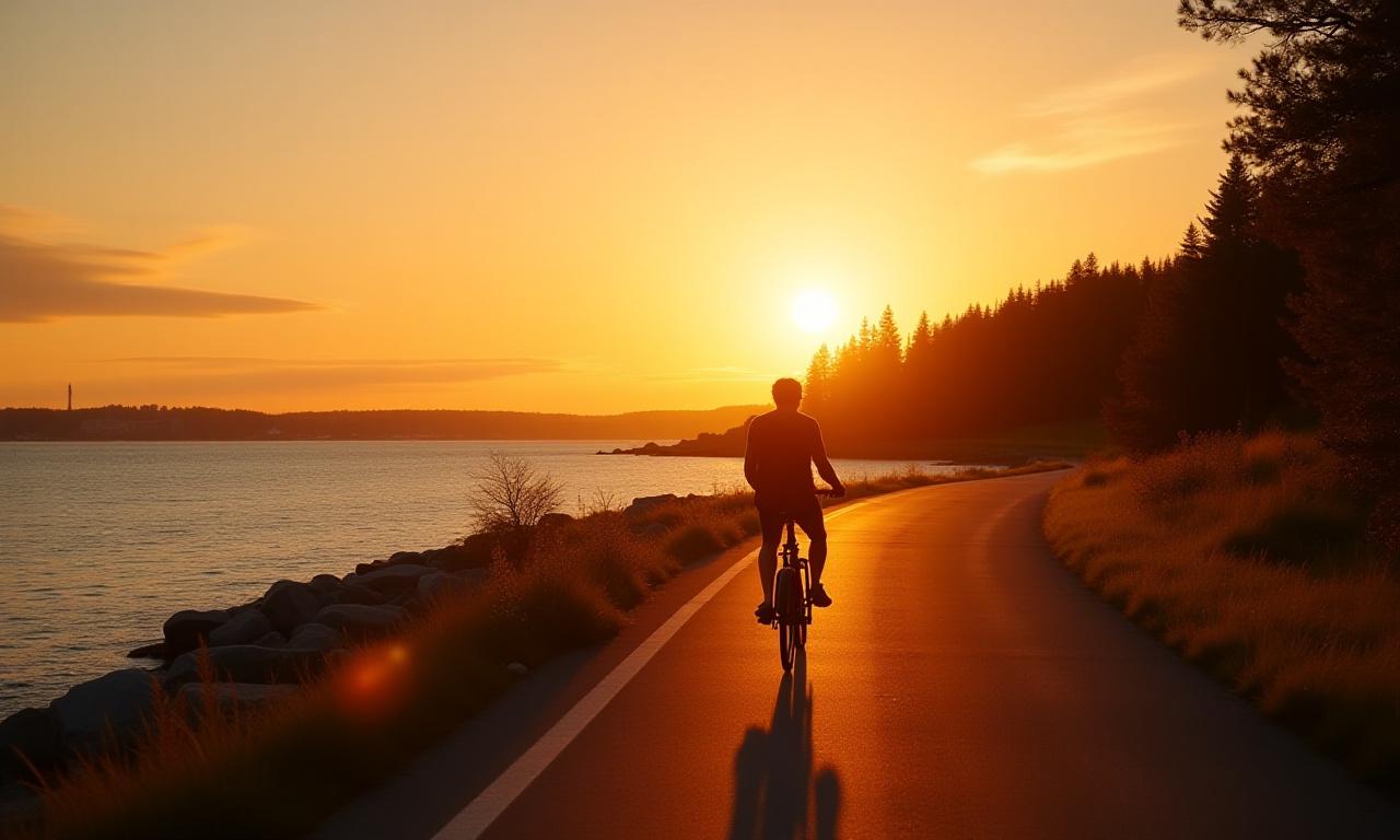 Person riding an e-bike on a scenic trail along Lake Superior near Duluth, Minnesota at sunset.