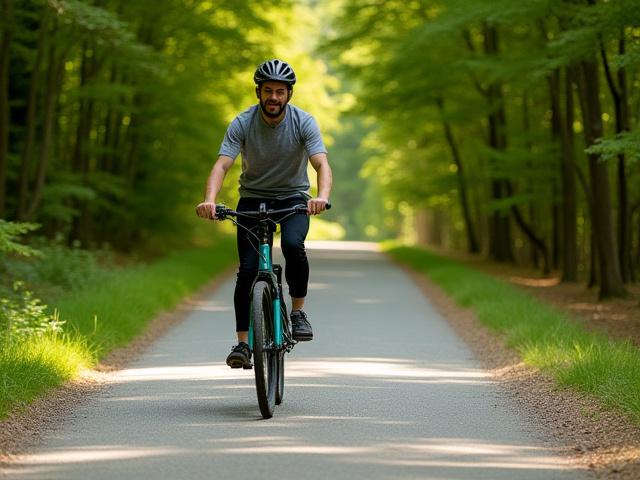 Electric hybrid bike being ridden on a path that transitions from paved to gravel, with trees in the background.