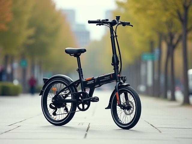 Compact foldable electric bike being ridden through a city park