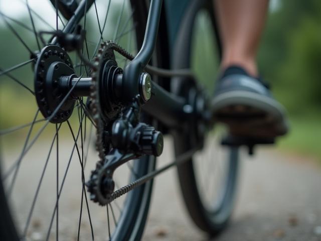 Close-up of a powerful hub motor electric bike wheel on a rugged road